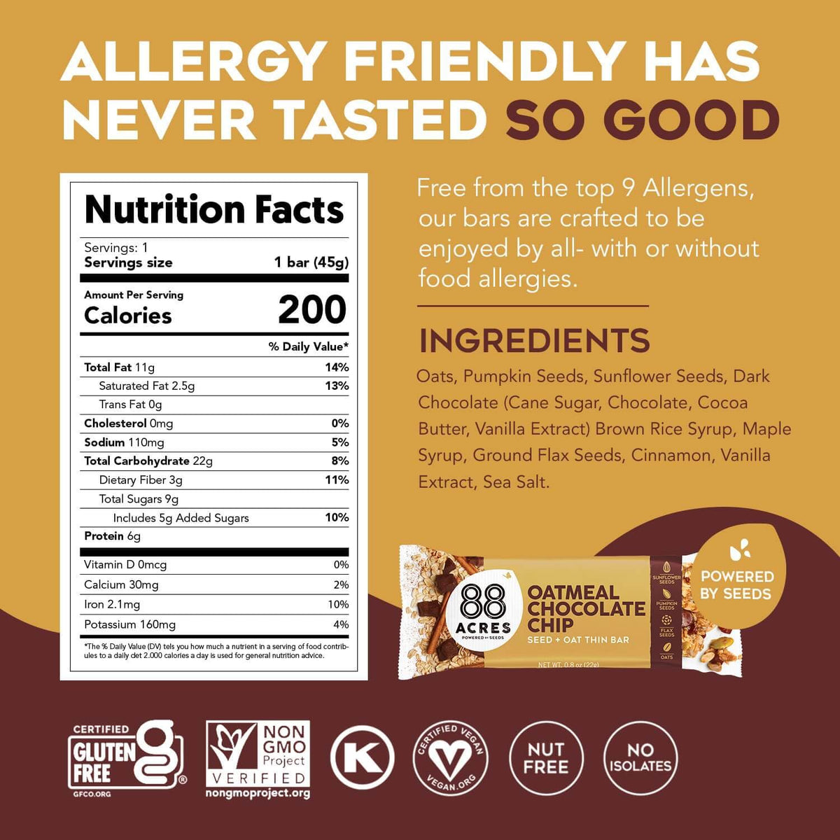 88 Acres Granola Bars - Oatmeal Chocolate Chip | Gluten Free, Nut Free, Vegan | 12 Pack