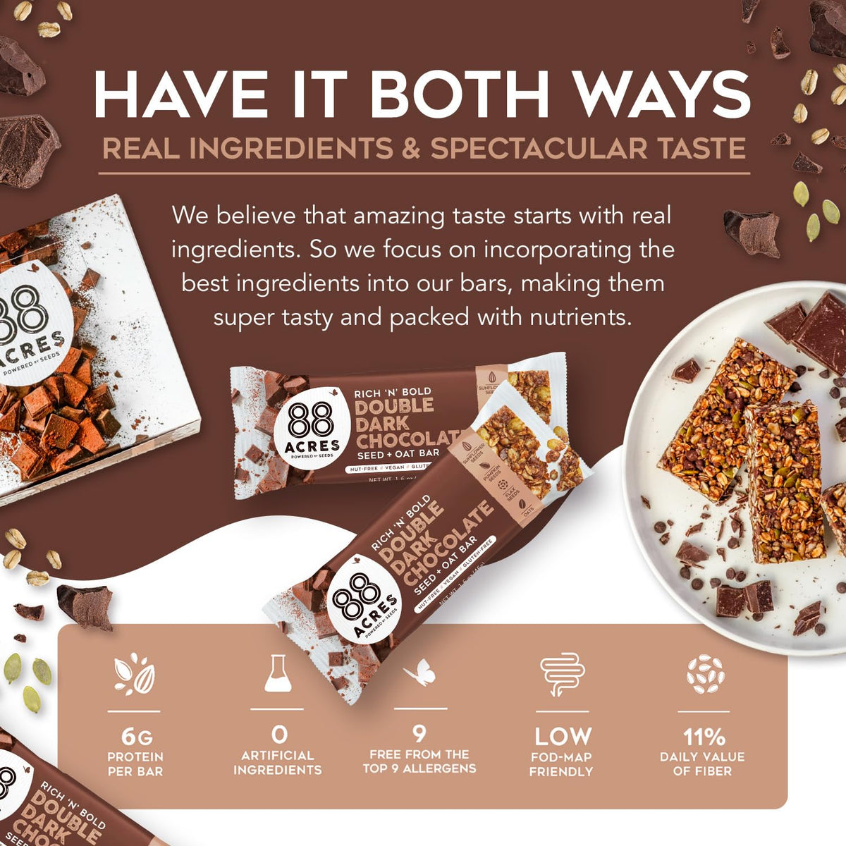 88 Acres Granola Bars | Double Dark Chocolate - Gluten Free, Nut-Free, Vegan Snack Bar, 12 Pack