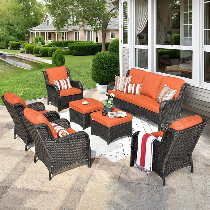 ovios 7 Pieces Patio Furniture Set, Outdoor Wicker Sofas with 4 Chairs, Ottomans and Comfy Cushions, All Weather High Back Couch Set for Deck Porch, Brown Rattan, Orange Red
