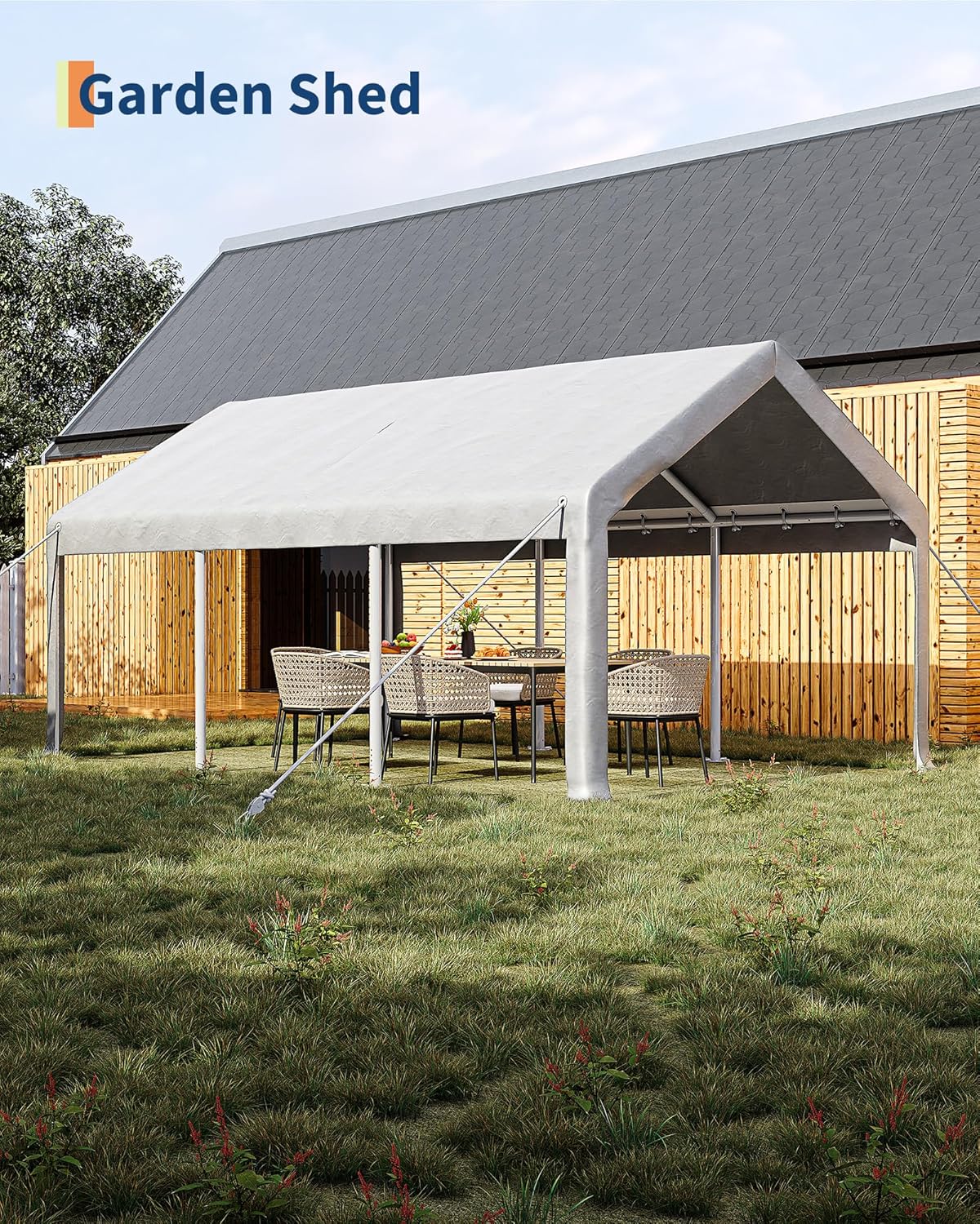 10x20 Ft Carport, Car Port with 200g PE Tarp, Roll-Up Doors, and 4 Windows, for Sedans, Bass Boats, Motos, ATVs, and SUVs, White