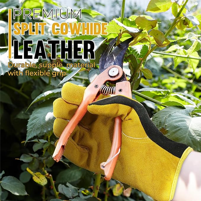 HANDLANDY Leather Work Gloves for Men & Women, Reinforced Durable Garden Gloves, Cowhide Working Glove for Gardening