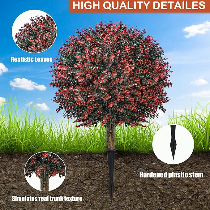 Fall Artificial Boxwood Topiary Ball Tree Bushes with Ground Spike, Set of 2 Outdoor Faux Shrub Topiary Ball, 24" UV Resistant Fake Boxwood Plants for Potted Planter,Indoor,Autumn