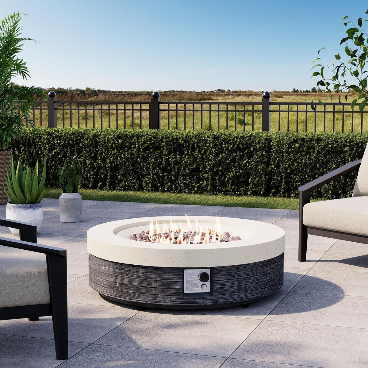 COSIEST 42" Outdoor Propane Fire Pit Table Round Gas Fire Pit Table with Concrete & Wood Grain Design, 50000BTU CSA Certified Electronic Ignition Fire Tables for Patio, Backyard, Garden Heating