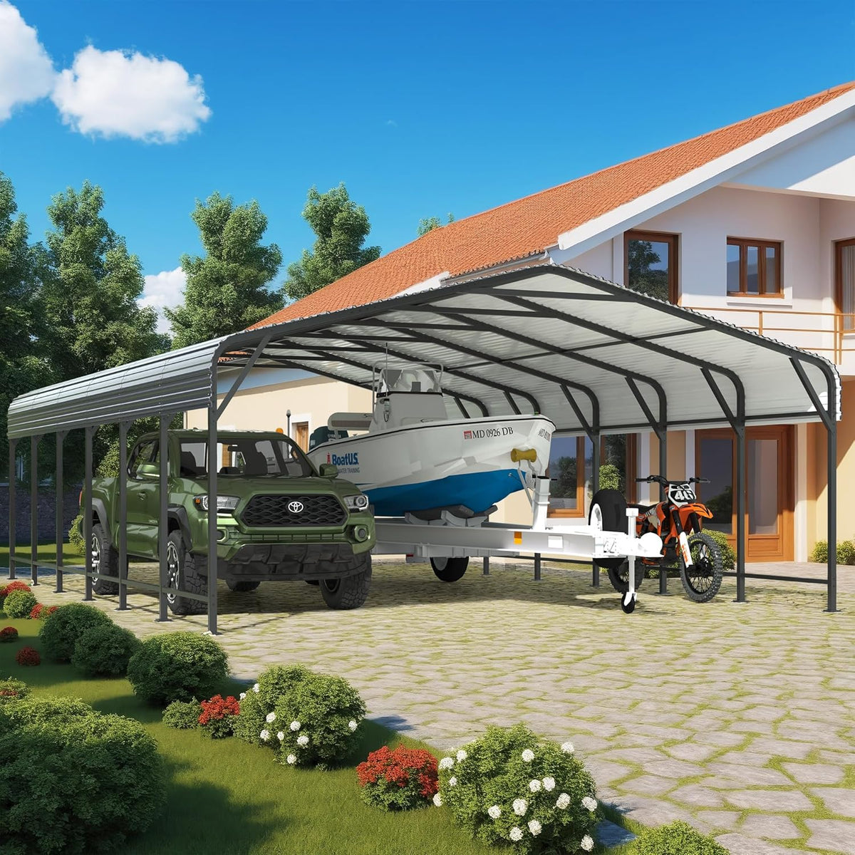 20x30 FT Metal Carport Canopy Heavy Duty with Reinforced Base and Galvanized Steel Roof & Frame, Garage Shelter for Cars, Boats and Trucks