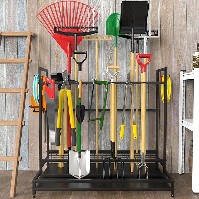 Garden Tool Rack Organizer for Garage Yard Tool Storage, Garden Tools Storage for Organization Black Metal Gardens Tools Holder for Yard Shed Garage