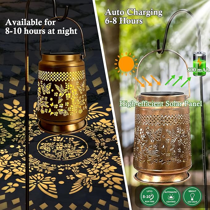 KY&BOSAM Solar Lanterns Outdoor Waterproof Hummingbird & Butterfly Lantern Garden Decor Birthday Gifts for Women Mom Metal Solar Lights Outdoor Lantern Hanging Outside for Yard Backyard Pathway Patio