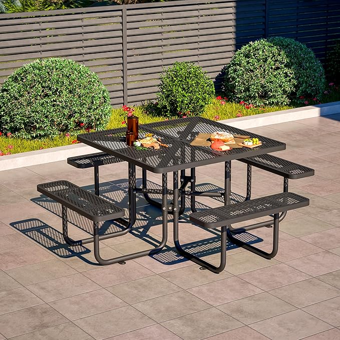 79'' Steel Square Picnic Table for Outdoors, Expanded, Lifetime Picnic Table with Umbrella Hole, Heavy Duty Sturdy Commercial Picnic Tables for Garden Courtyard BBQ, Black