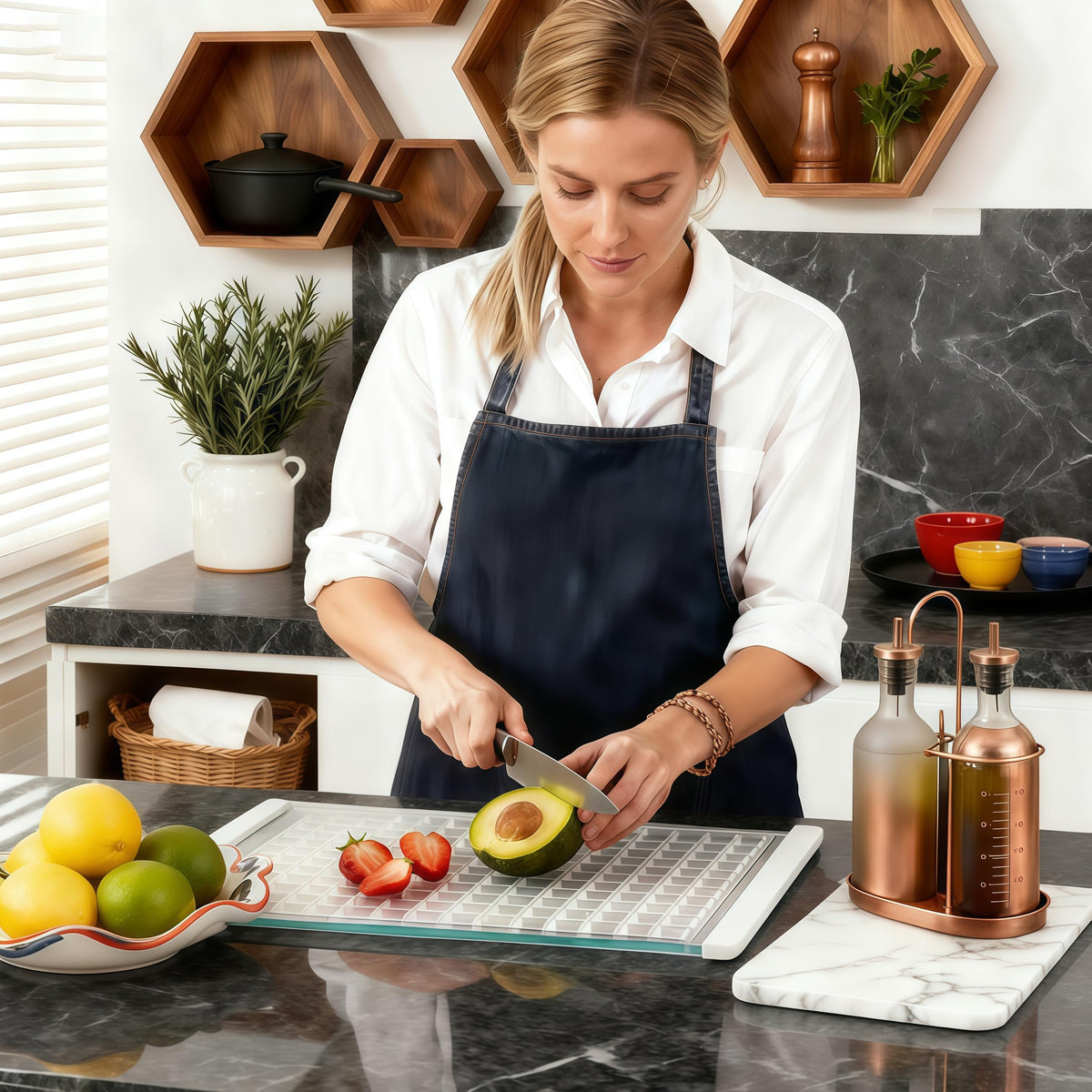 Luxury Artisan Mosaic Glass Cutting Board with Juice Groove - Tempered Glass checkered cutting board & Serving Tray, Dishwasher Safe, 16.2" x 12" x 0.24"