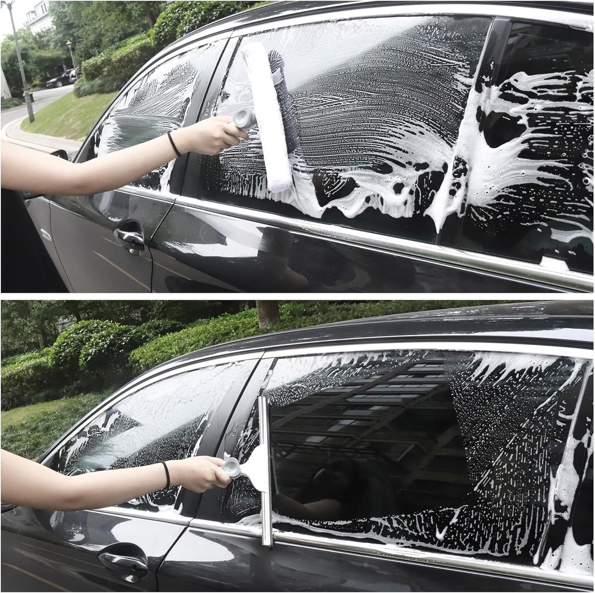 Window Cleaning Squeegee kit, 13.78" Squeegee and 13.78" Microfiber Scrubber with Aluminum Alloy Pole, 54" Telescopic Window Cleaning Tool for Glass Door, Shower Glass Door, Car Windshield-2 Pads