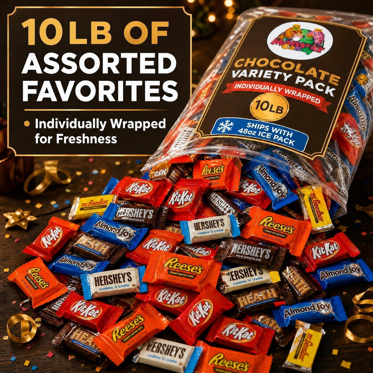 Monster Candy Bulk Chocolate Variety Pack - 10 Lb Individually Wrapped Candy Assortment for Basket Stuffers, Celebration & Party - July 4th