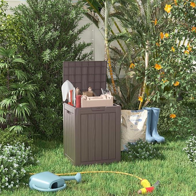 28 Gallon Resin Deck Box, Lockable Patio Outdoor Storage Box for Furniture, Garden Tools and Tools Storage, Waterproof Outside Storage Boxes - Grey
