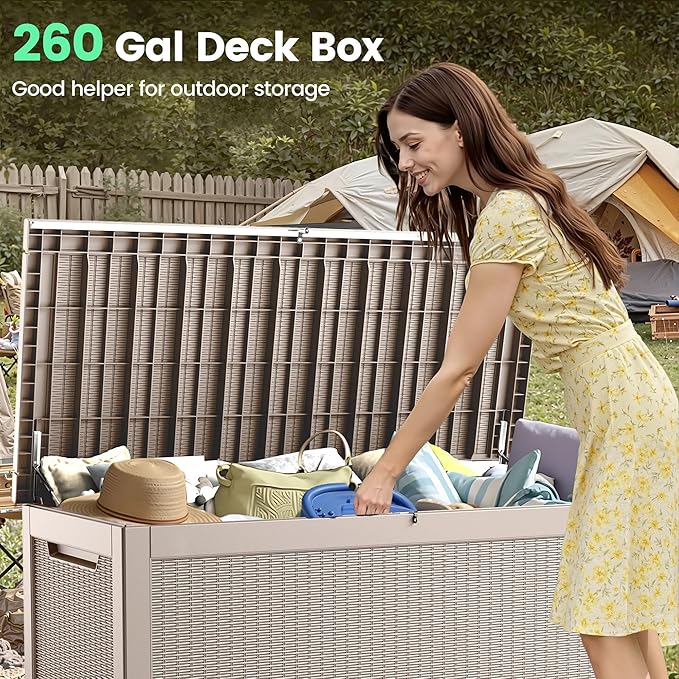 260 Gallon Storage Box, Waterproof Resin Deck Box with Steel Support & Hydraulic Rod, Lockable Storage Bench for Indoor & Outdoor Use, Storage Bin for Patio Cushions, Garden Tools, Grey