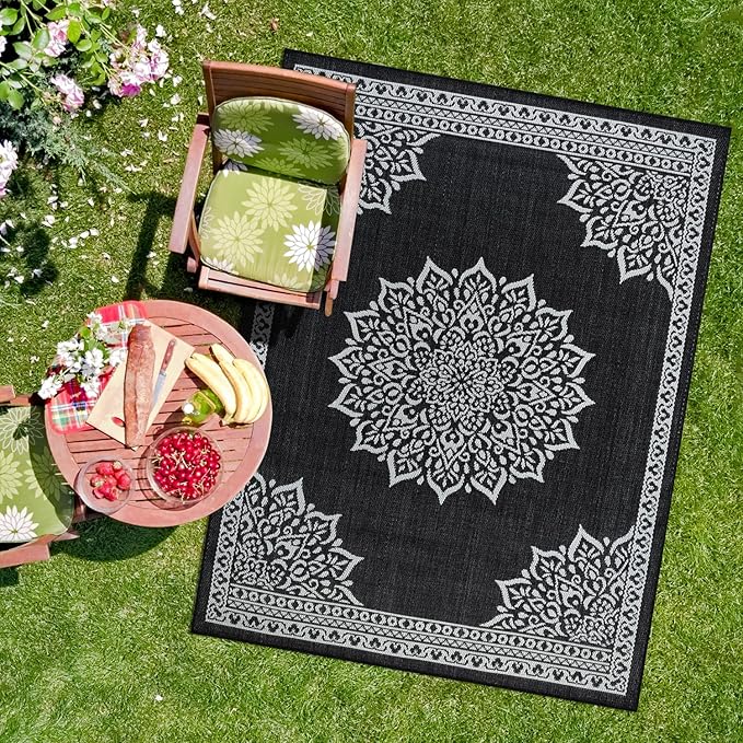CAMILSON Outdoor Rug, 6x9 Medallion Black White Modern Area Rugs for Indoor and Outdoor Patios, Kitchen and Hallway Mats, Washable Porch Deck Outside Carpet (Medallion Black, 6 x 9)