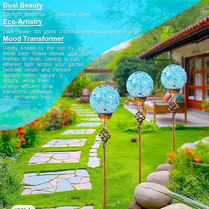 Garden Solar Lights, Decorative LED Honeycomb Glass Ball Garden Stake, Glass and Metal Outdoor Decoration, 4 x 31 Inch (Light Blue)