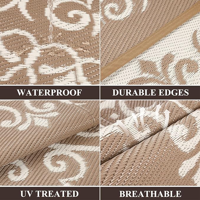 Pauwer Waterproof Outdoor Rug 9x12, Reversible Plastic Straw Patio Camping Rug, Indoor Outdoor RV Mat Carpet for Deck, Camper, Porch, Balcony, Backyard, Picnic, Floral Brown