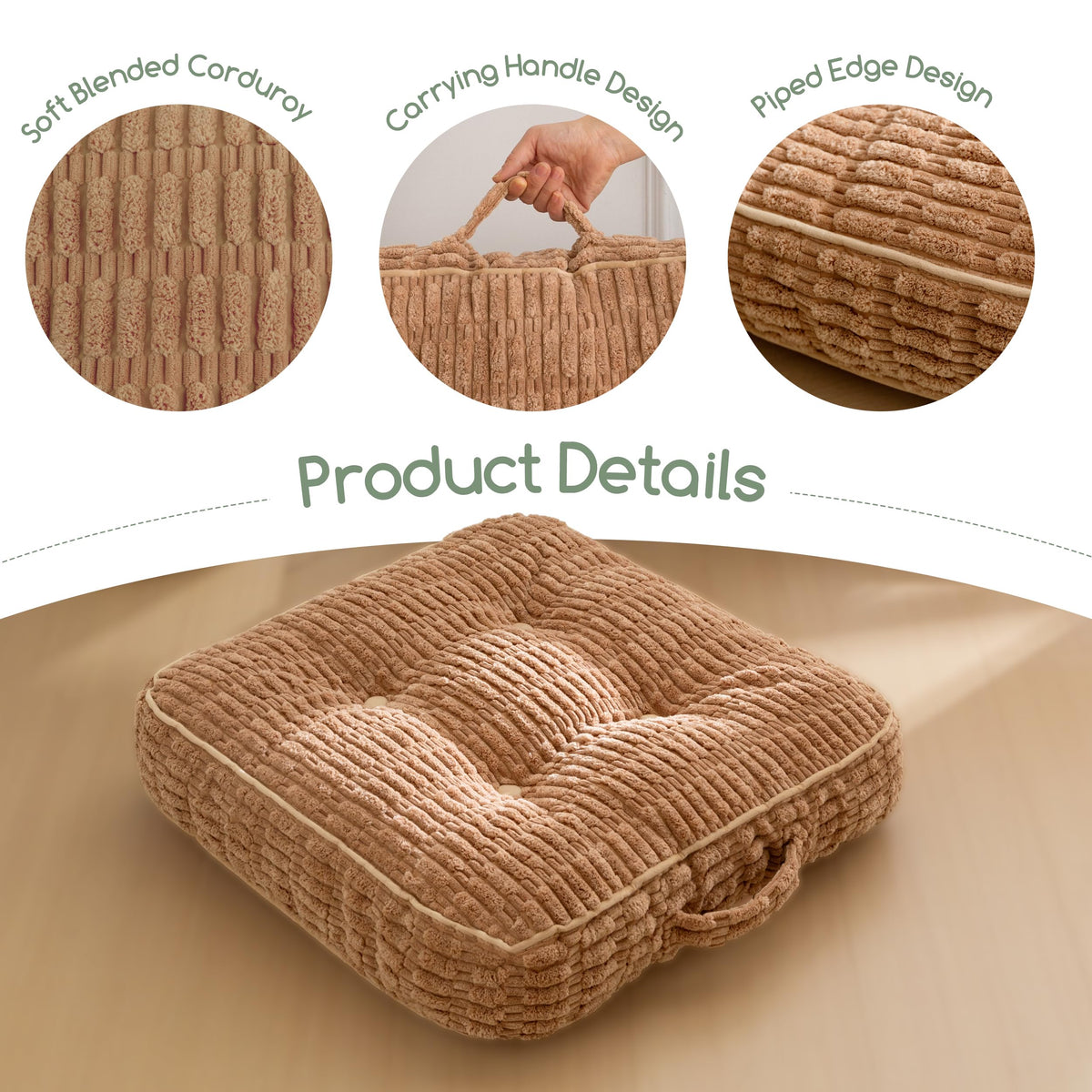 HIGOGOGO Floor Pillow Cushion for Adults, Meditation Cushion Pillow, Blended Corduroy Cover, Large Square Floor Sitting for Tatami Living Room or Yoga, 22x22 Inch, Coffee