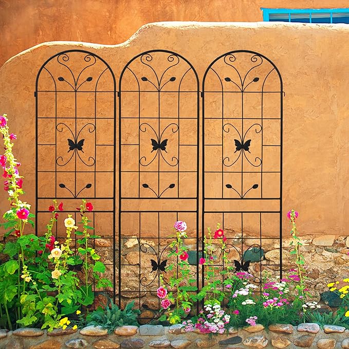 2 Pack Metal Garden Trellis 86.7" Black Fence Rustproof Garden Trellis for Climbing Plants Support Roses Flower Outdoor Lawn, Black