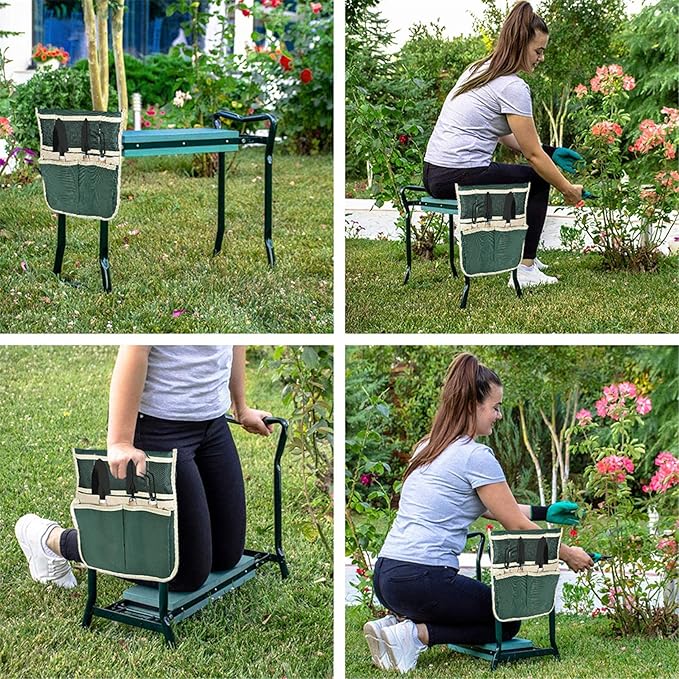 Foldable Garden Kneeler and Seat Heavy Duty Gardening Bench Soft Cushion Seat with Tool Pouch and Kneeling Pad