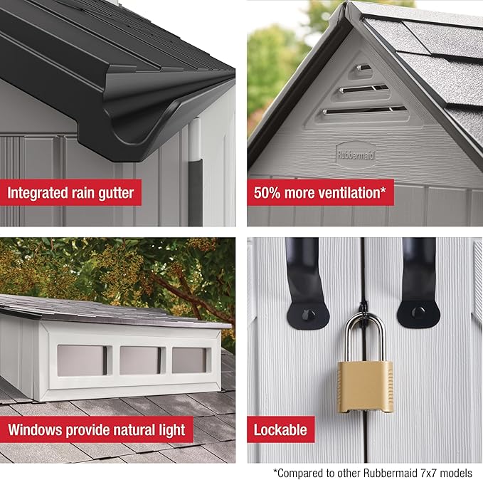 Rubbermaid Resin Outdoor Storage Shed With Floor (7 x 7 Ft) Weather Resistant Gray Organization for Home/Backyard/Garden Tools/Lawn Mower/Bike Storage/Pool Supplies