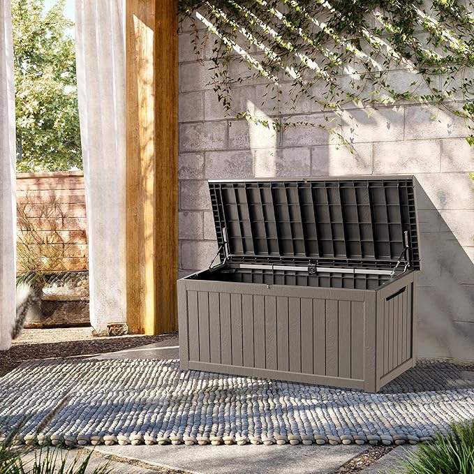200 Gallon Lockable Resin Deck Box, Waterproof & UV-Resistant Outdoor Storage Box for Outdoor Cushion Storage, Garden Tools & Pool Accessories Storage, Gray