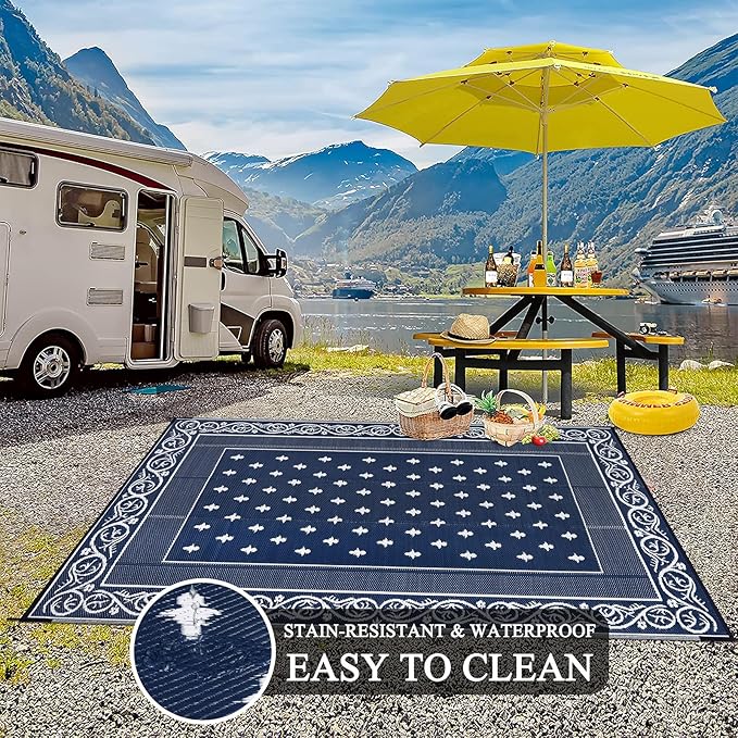 Pauwer Waterproof Outdoor Rug 8x10, Reversible Plastic Straw Patio Camping Rug, Indoor Outdoor RV Mat Carpet for Deck, Camper, Porch, Balcony, Backyard, Picnic, Bordered Navy
