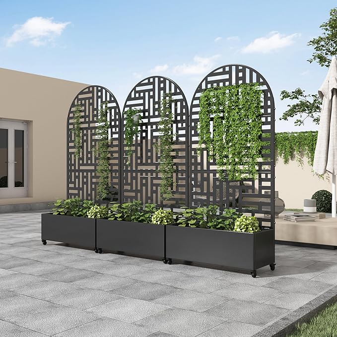 Casaphoria Metal Raised Garden Bed with Trellis and Wheels, 72"x35"x16" Arched Planter Box for Climbing Plants, Vegetables & Vines, Features Drainage Holes and Privacy Screen (Black-Helen)