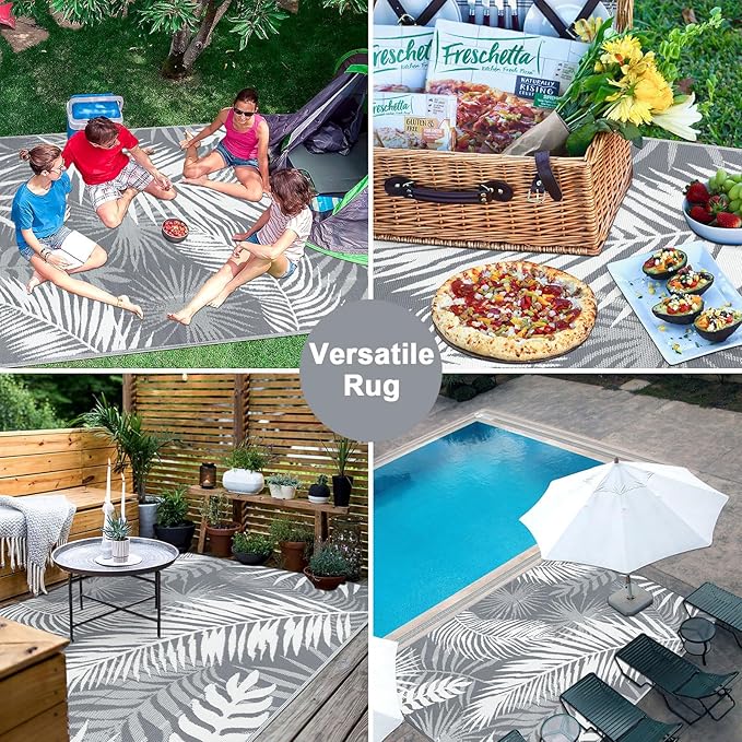 Outdoor Rug 10'x8' Waterproof for Patios Clearance, Reversible Outdoor Plastic Straw Rug Camping Carpet, Outside Floor Mats Large Area Rugs for RV,Patio,Deck,Porch,Beach,Balcony,Grey&White