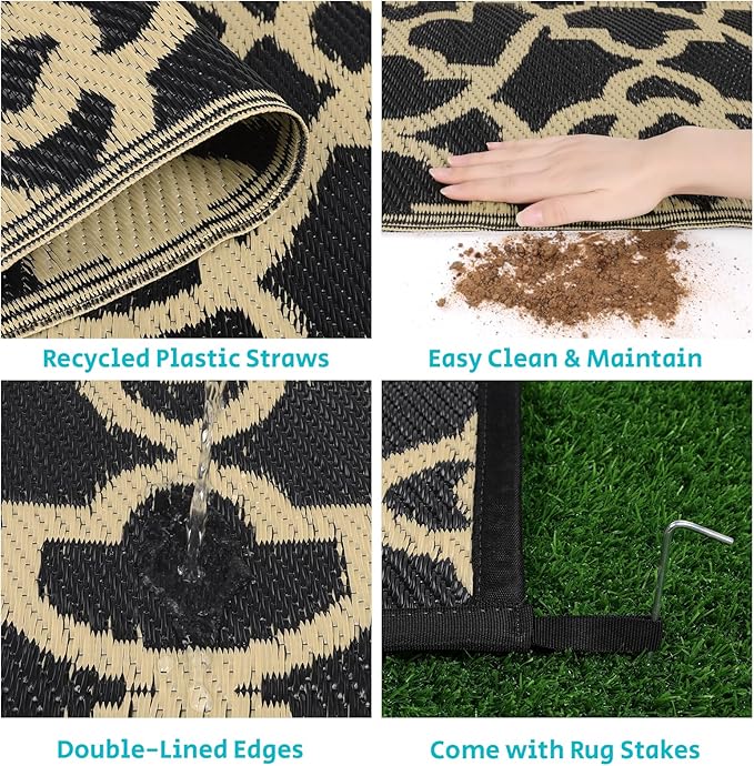 HEBE Outdoor Rug Waterproof 9x12, Reversible Plastic Straw Rug RV Camping Rug, Indoor Outdoor Patio Mat Clearance, Outside Carpet for Porch,Deck,Camper,Balcony,Backyard,Picnic
