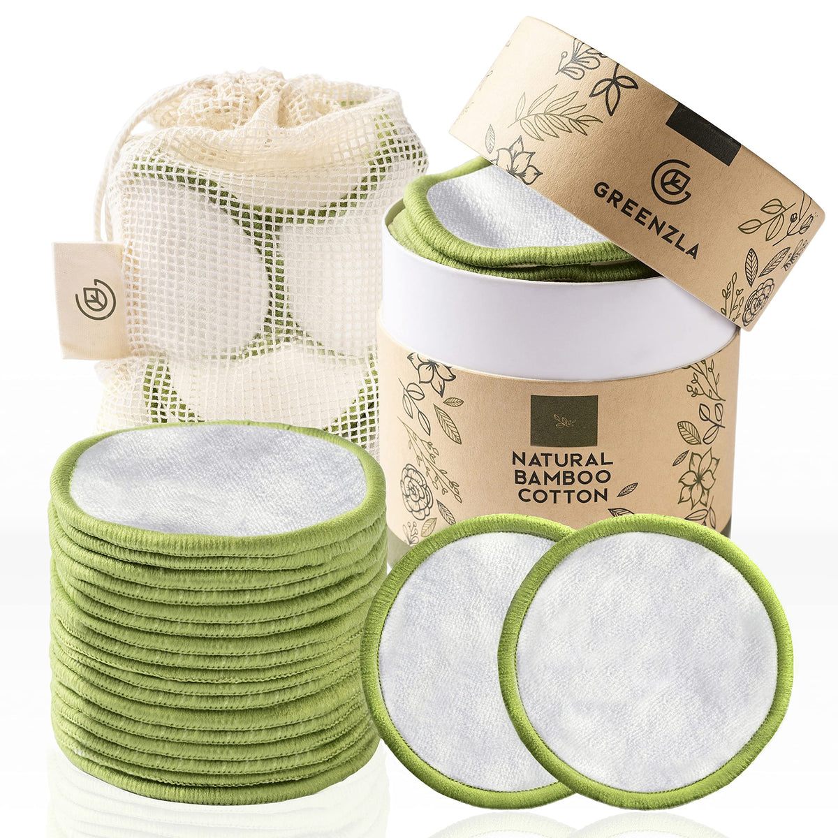 GREENZLA Reusable Makeup Remover Pads | 20 Pack | Bamboo Cotton Rounds