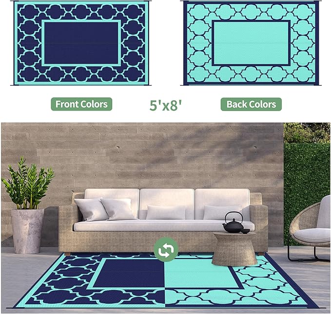 GENIMO 5 ' x 8 ' Outdoor Rug for Patio, Waterproof Indoor Outdoor Plastic Straw Rugs Carpet, Reversible Outside Area Mat for Camping, Balcony Porch, Deck, Picnic, Beach Navy Blue & Jade Green