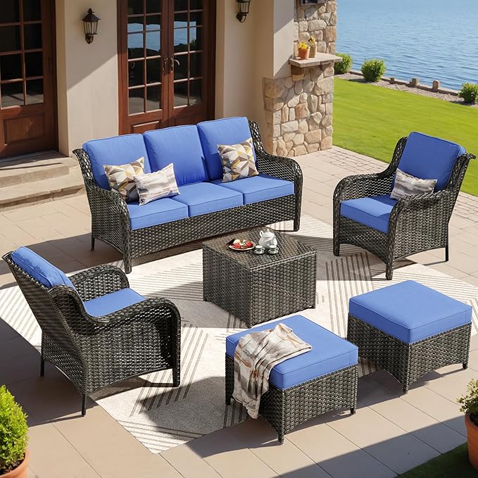 ovios 6 Pieces Patio Furniture Set, Outdoor Wicker Sofas with Glass Coffee Table and Comfy Cushions, All Weather High Back Couch Set for Deck Porch, Brown Rattan, Navy Blue