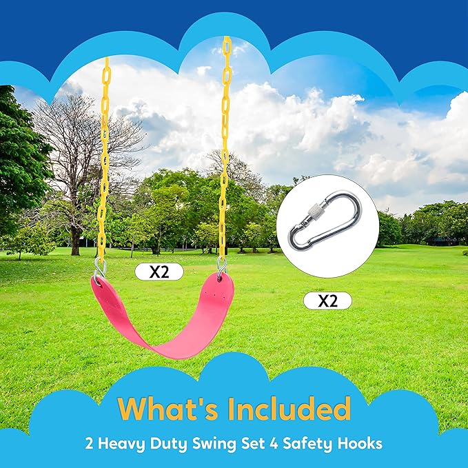 TURFEE 2 Packs Heavy Duty Swing Seat, Swing Set Accessories Replacement with 4 Snap Hooks for Kids Outdoor Play Playground, Trees, Swingsets, Playground(Pink)