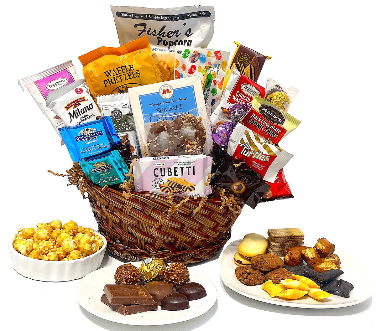 Hand-Crafted 22 Piece customizable chocolate gift basket of gourmet chocolates, cookies, and crunches. Tasty treats selected for businesses, clients