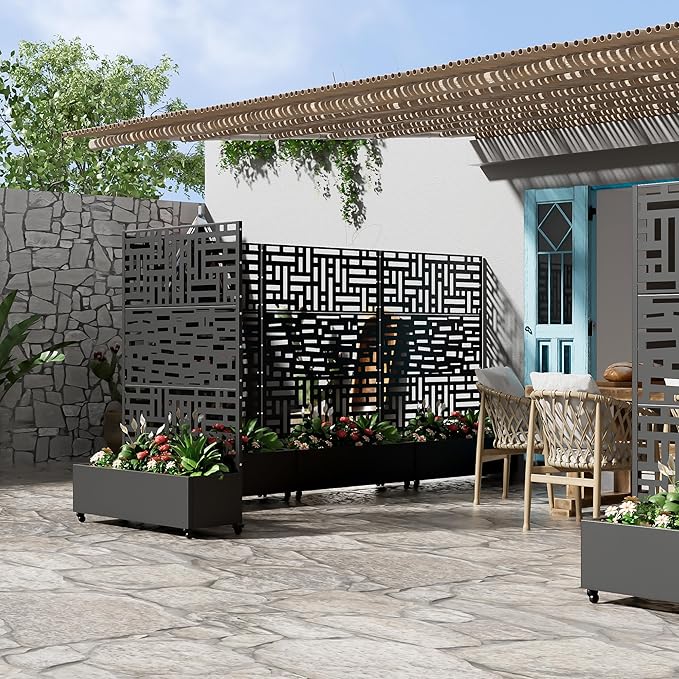 Casaphoria Metal Raised Garden Bed with Trellis and Wheels, 72"x47"x16" Planter Box for Climbing Plants, Vegetables & Vines, Features Drainage Holes and Privacy Screen, Black(Helen&Gerald)