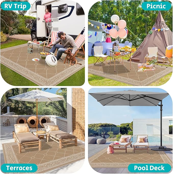 HEBE Outdoor Rug Waterproof 8x10, Reversible Plastic Straw Rug RV Camping Rug, Indoor Outdoor Patio Mat Clearance, Outside Carpet for Porch,Deck,Camper,Balcony,Backyard,Picnic
