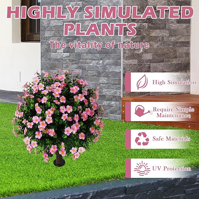 Sunnyglade Set of 2 Artificial Boxwood Topiary Ball Trees with Pink Flower, Faux Shrub Bushes with Ground Spike 25.5", UV Resistant Fake Boxwood Plants for Indoor, Garden, Porch, Patio Decor (Pink)