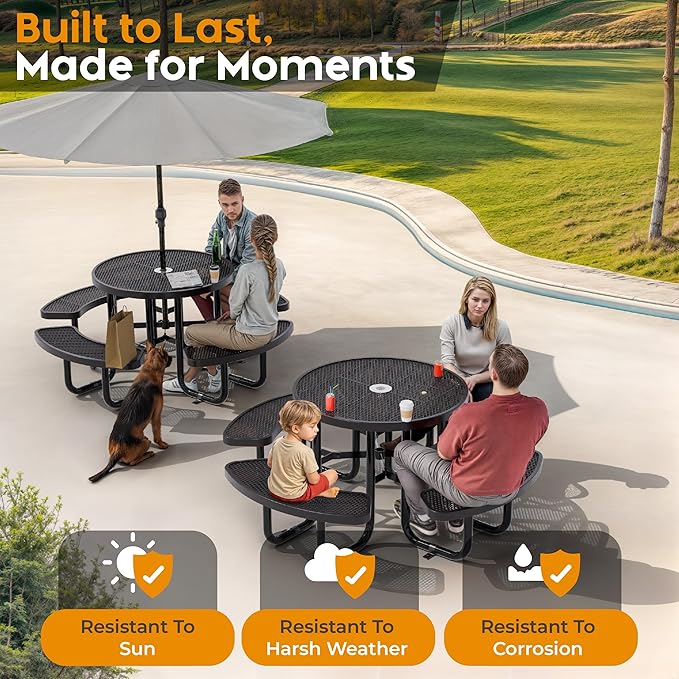 Metal Picnic Tables for Outdoors with Umbrella Hole - Coated Steel Heavy Duty Commercial Grade Table with Adjustable Seats (Black, 38 in, Round, Expanded Steel)