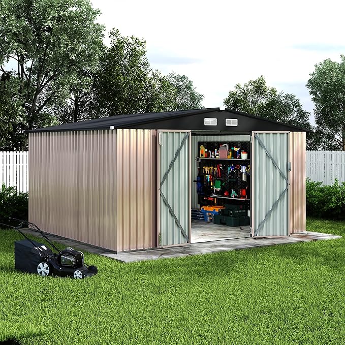 10x12 FT Metal Storage Sheds Outdoor, Metal Yard Sheds Garden Shed Kit, Tool Shed with Lockable Door, Utility Sheds Buildings with Air Vent for Backyard Garden Patio Lawn