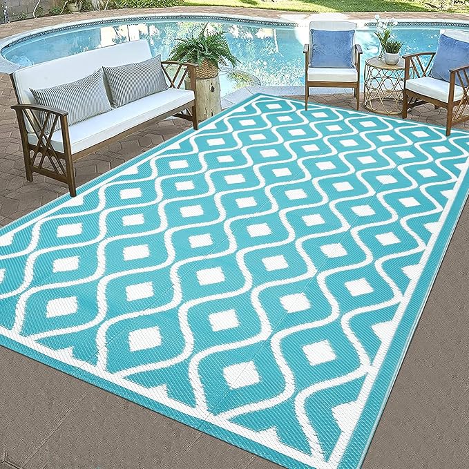 Pauwer Waterproof Outdoor Rug 6x9, Reversible Plastic Straw Patio Camping Rug, Indoor Outdoor RV Mat Carpet for Deck, Camper, Porch, Balcony, Backyard, Picnic, Geometric Teal