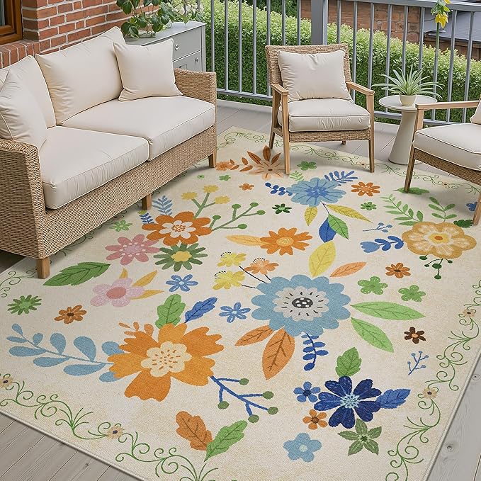 GENIMO Indoor Outdoor Area Rug 8' X 10' Waterproof, Washable Door Mat Non Shedding, Easy Cleaning Floral Outdoor Carpet for Patio, Entryway, Porch, Bathroom, Living Room, Bedroom, Backyard