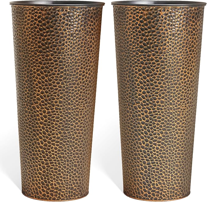 KOL 28" H. Tall Metal Cone Planters with Inner Pots 2-Pack, Bronze Hand-Hammered Large Decor Planter for Deck, Patio, Porch - Handcrafted Flower Pot - with Water Level Indicator - Indoor Outdoor Use