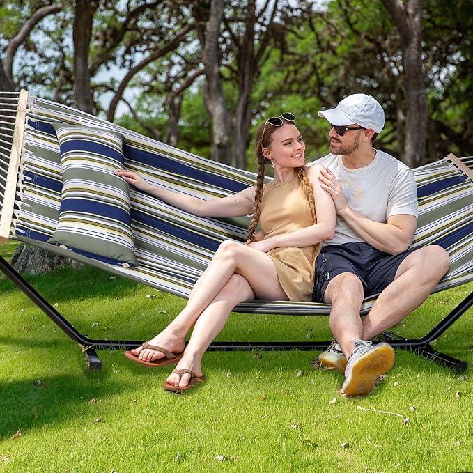 SUNCREAT Double Hammock, Extra Large Quilted Fabric Swing with Hardwood Spreader Bars & Detachable Pillow, Heavy Duty, Perfect for Indoor/Outdoor Patio, Deck, Yard, Blue&Aqua