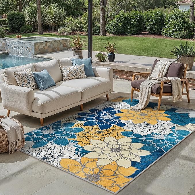 GENIMO Indoor Outdoor Area Rug 6' X 9' Waterproof, Washable Patio Rug Non Shedding, Easy Cleaning Floral Outdoor Carpet for Living Room, Bedroom, Dining Room, Balcony, Backyard, Deck, RV, Blue
