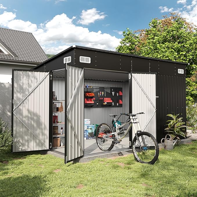 Aoxun 12' x 7.3' Shed 441 CU.FT Outdoor Waterproof Storage Shed with Triple Lockable Door Garden Metal Tool Shed for Outside (Black)