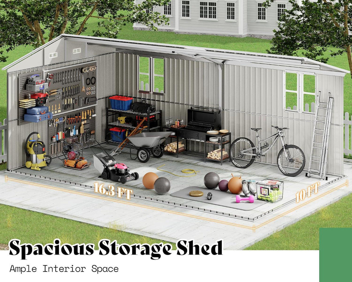 AMERLIFE 10x16.3x7 FT Galvanized Steel Storage Shed with Dual Transparent Panels, 4 4-Pane Windows & Hinged Double Doors, Outdoor Shed for Backyard, Garden, Patio, Dark Grey/White