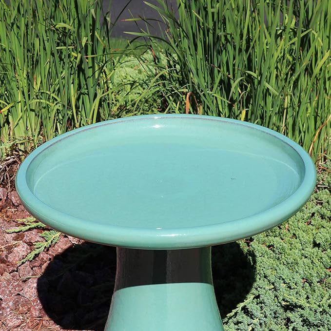 Sunnydaze 21" H Ceramic Bird Bath for Outside - Hand-Painted Outdoor Bird Bath Bowl, UV/Frost-Resistant Finish - Seafoam - Cut Out Pedestal