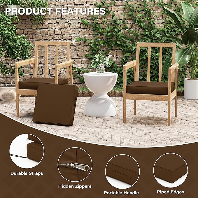 Patio Chair Cushions 17 X 16 X 3 Inch Waterproof Outdoor Seat Cushions for Patio Furniture, Outdoor Sofa Couch Pads with Ties & Handle, Set of 2, Chocolate