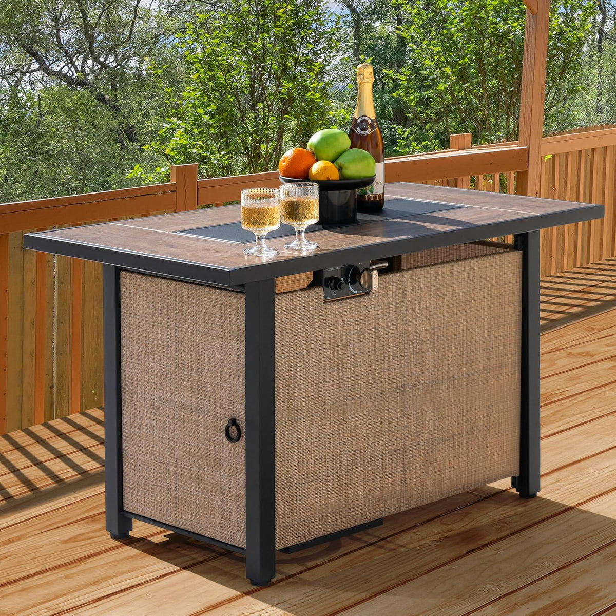 Nuu Garden 43" Propane Fire Pit Table, CSA-Listed Outdoor 50,000 BTU Gas with Lid and Glass Beads, 2-in-1 Rectangular for Outside Backyard Patio, Light Brown