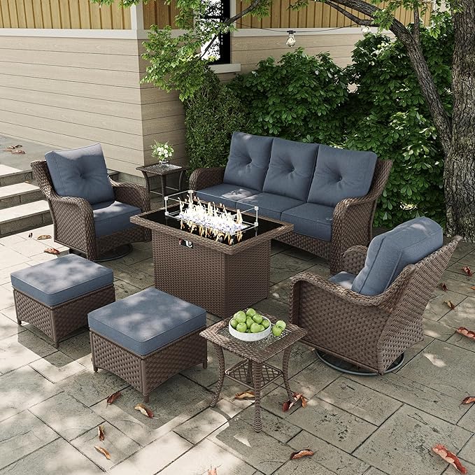 7 Pieces Outdoor Patio Furniture Sets with Rocking Swivel Chairs with 6-inch Thick Cushion and Fire Pit Table for Deck Lawn