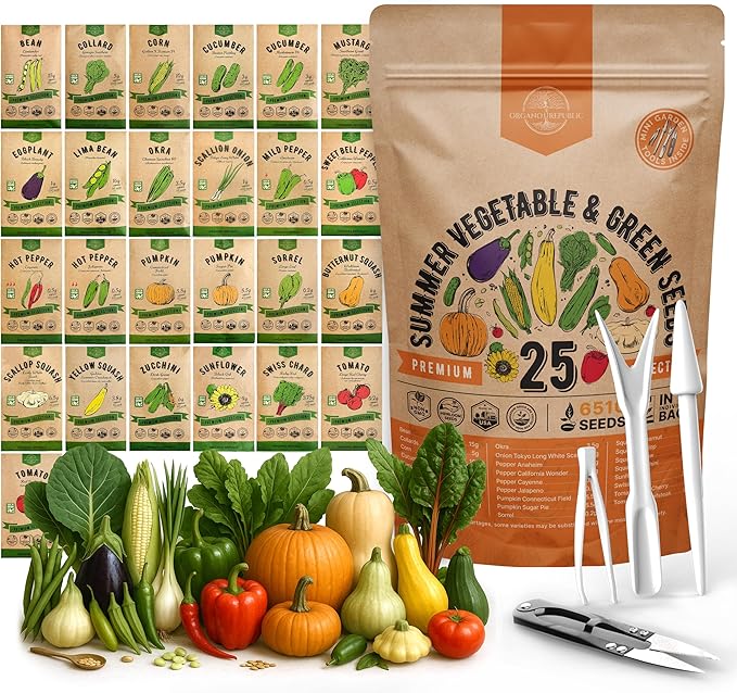 Organo Republic 25 Summer Vegetable Garden Seed Variety Pack - 6,510+ Non-GMO Heirloom Veggie & Greens Seeds for Outdoors & Indoor Home Garden, Including Collards, Pepper, Okra, Onion, Bean, Cucumber